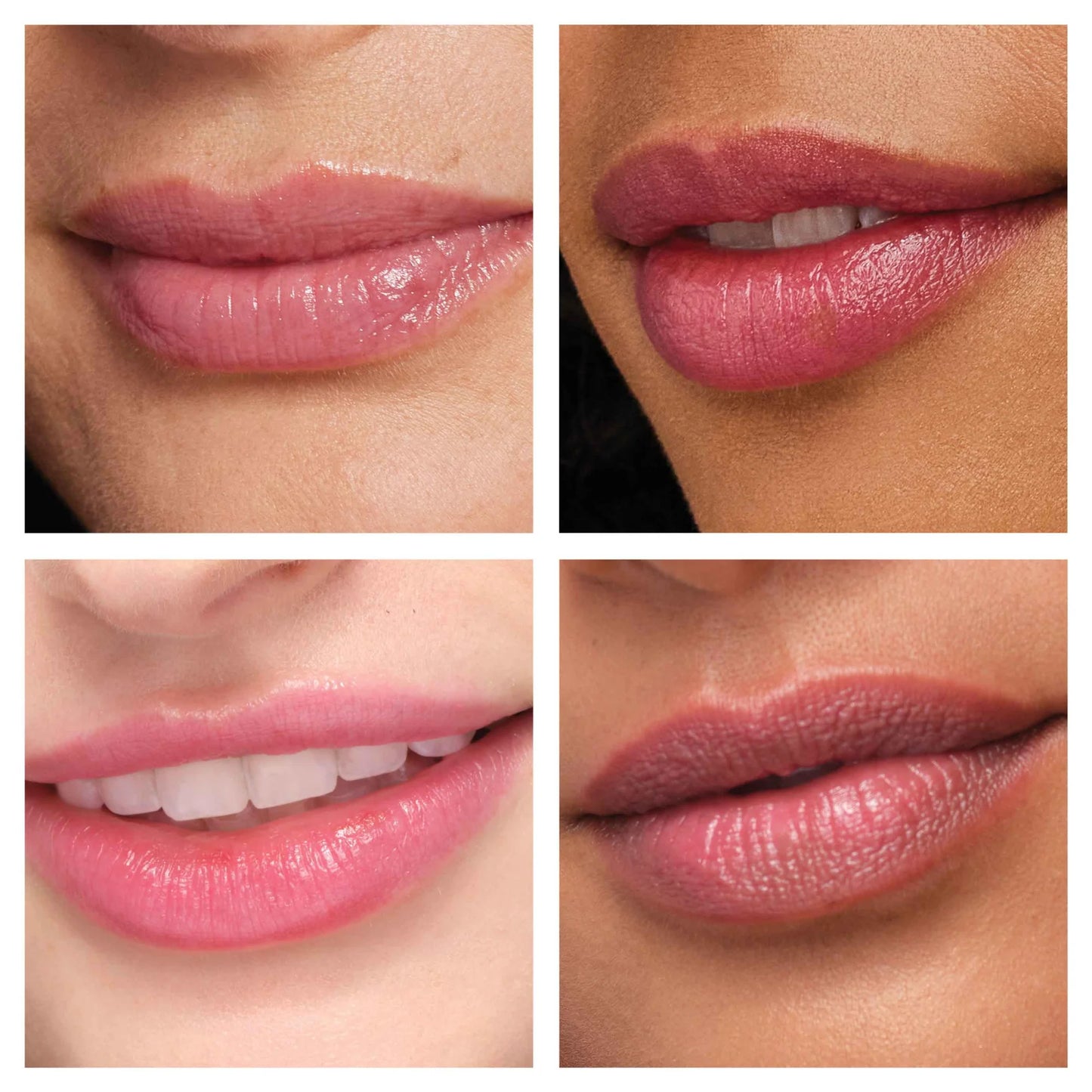 Collage of lips wearing Just Kissed® Lip and Cheek Stain, showcasing pink tones. Enhances natural pH for a personalized shade with nourishing oils.