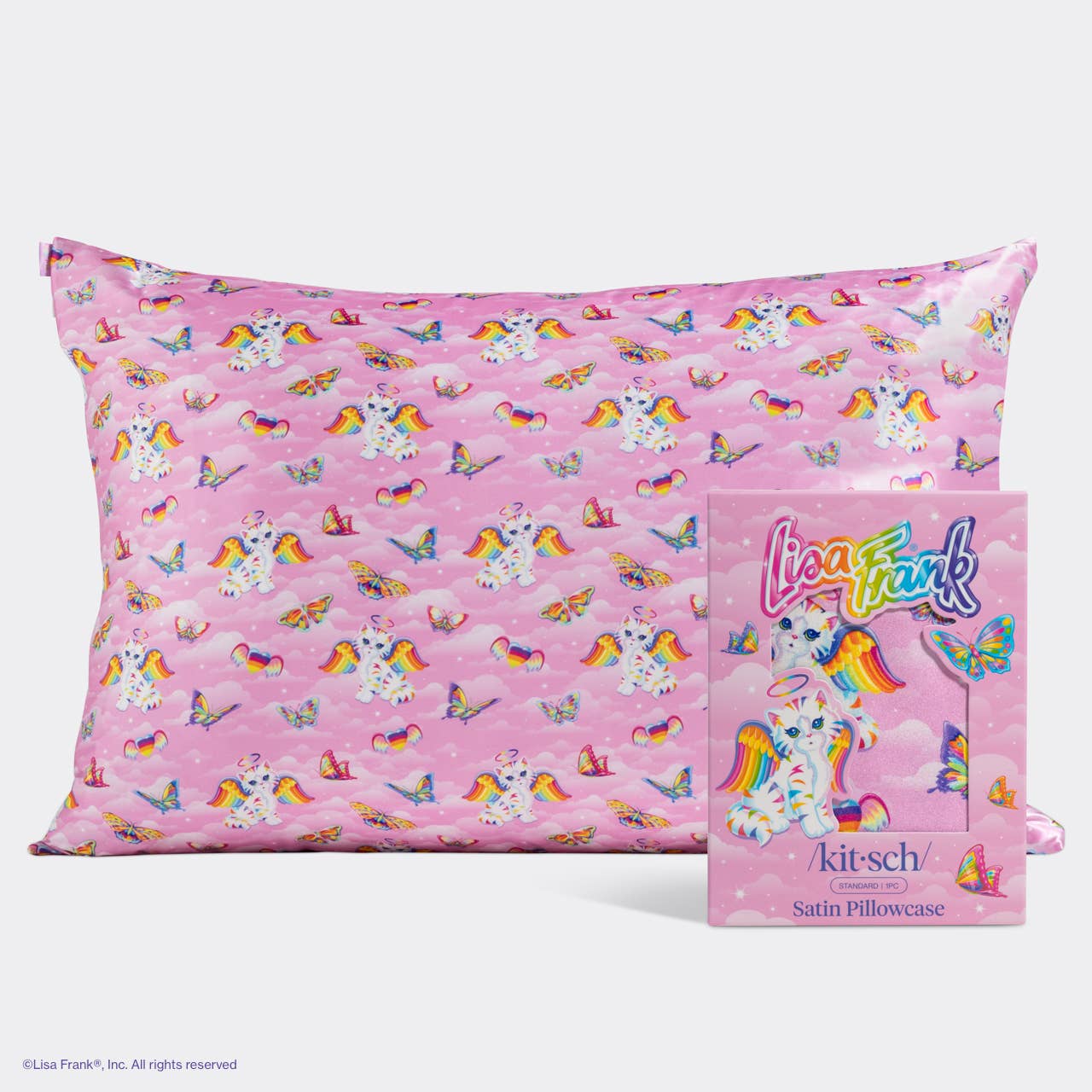 Lisa Frank x Kitsch Standard Satin Pillowcase featuring unicorn-cats and butterflies, designed to reduce frizz, breakouts, and facial creases while sleeping.