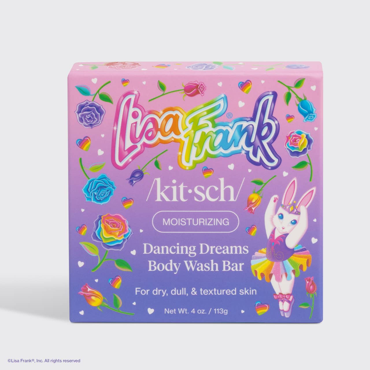 Lisa Frank x Kitsch Dancing Dreams Body Wash Bar in pastel-gradient packaging with whimsical bunny art; moisturizing for dry skin, eco-friendly, vegan, cruelty-free.