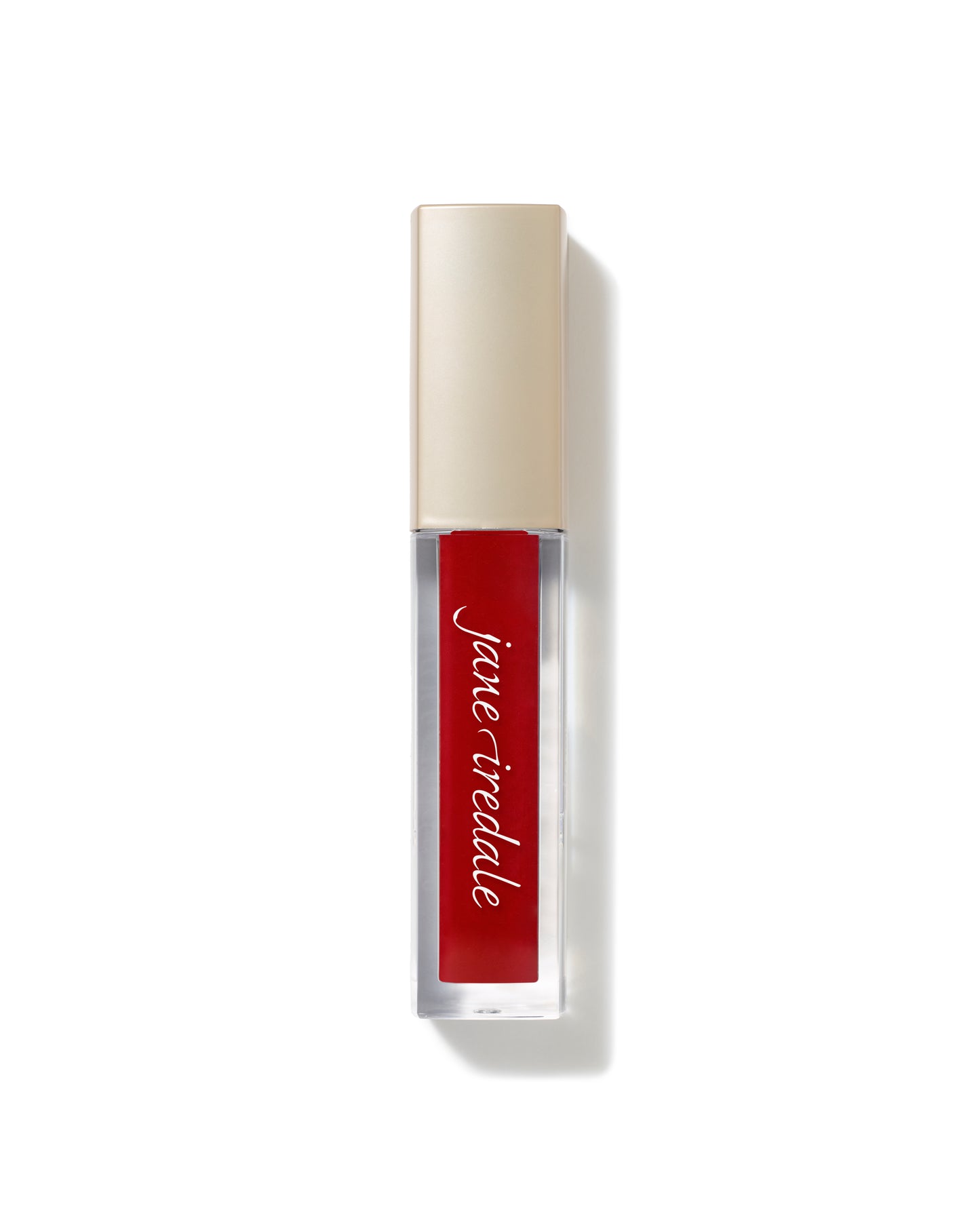 Jane Iredale ColorLuxe High Impact Lip Glaze in a clear tube with gold cap, showcasing its vibrant red formula for a bold, glossy finish.