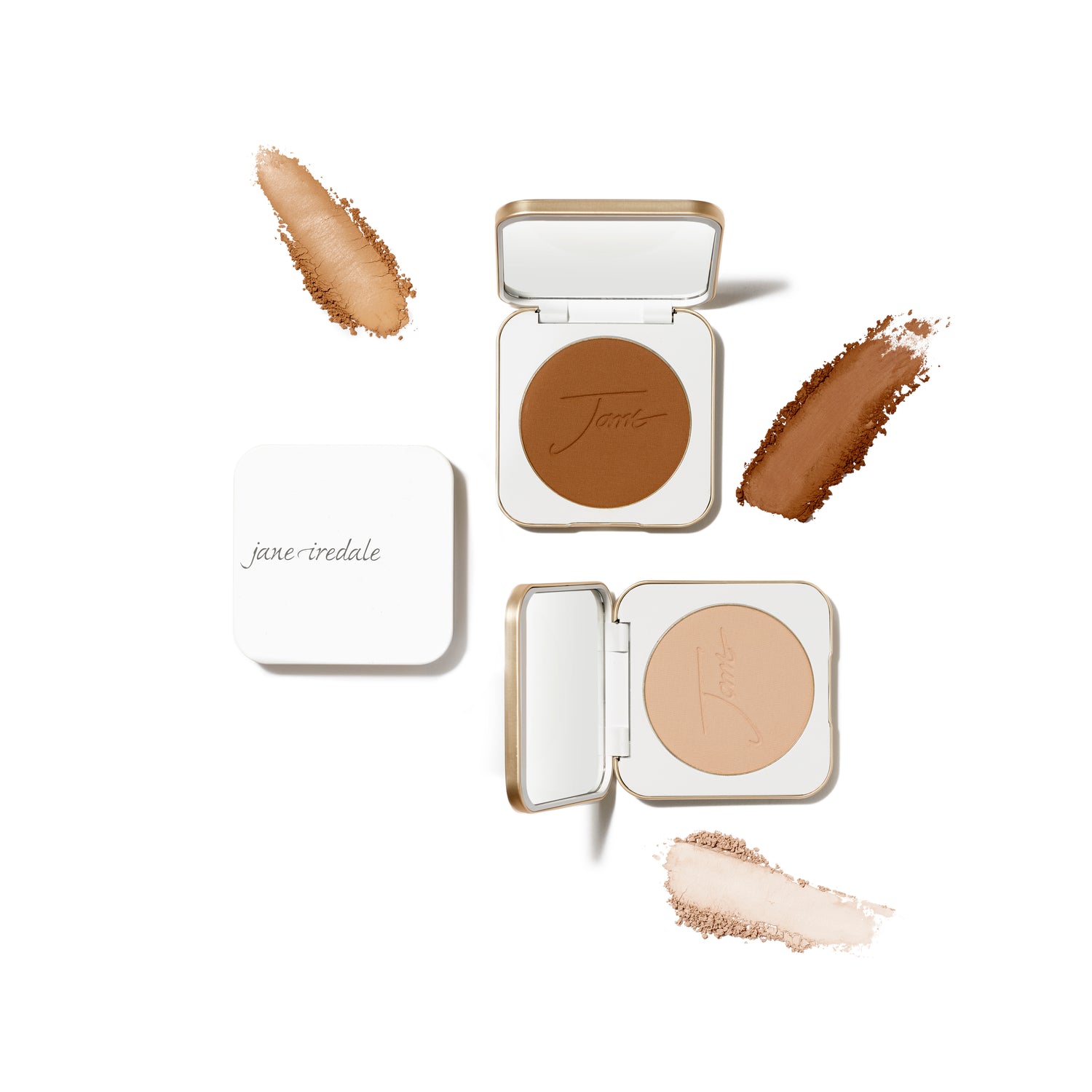 Jane Iredale PurePressed® Base Mineral Foundation SPF 20/15 Refill compacts, showcasing medium-tan and beige shades with swatches, offering buildable coverage and antioxidant benefits.