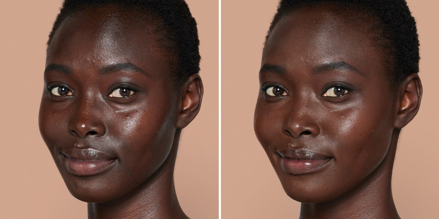 Side-by-side of a woman showcasing Skintuition SPF 30 Foundation's smoothing effect, highlighting its radiant, even finish and skincare benefits.