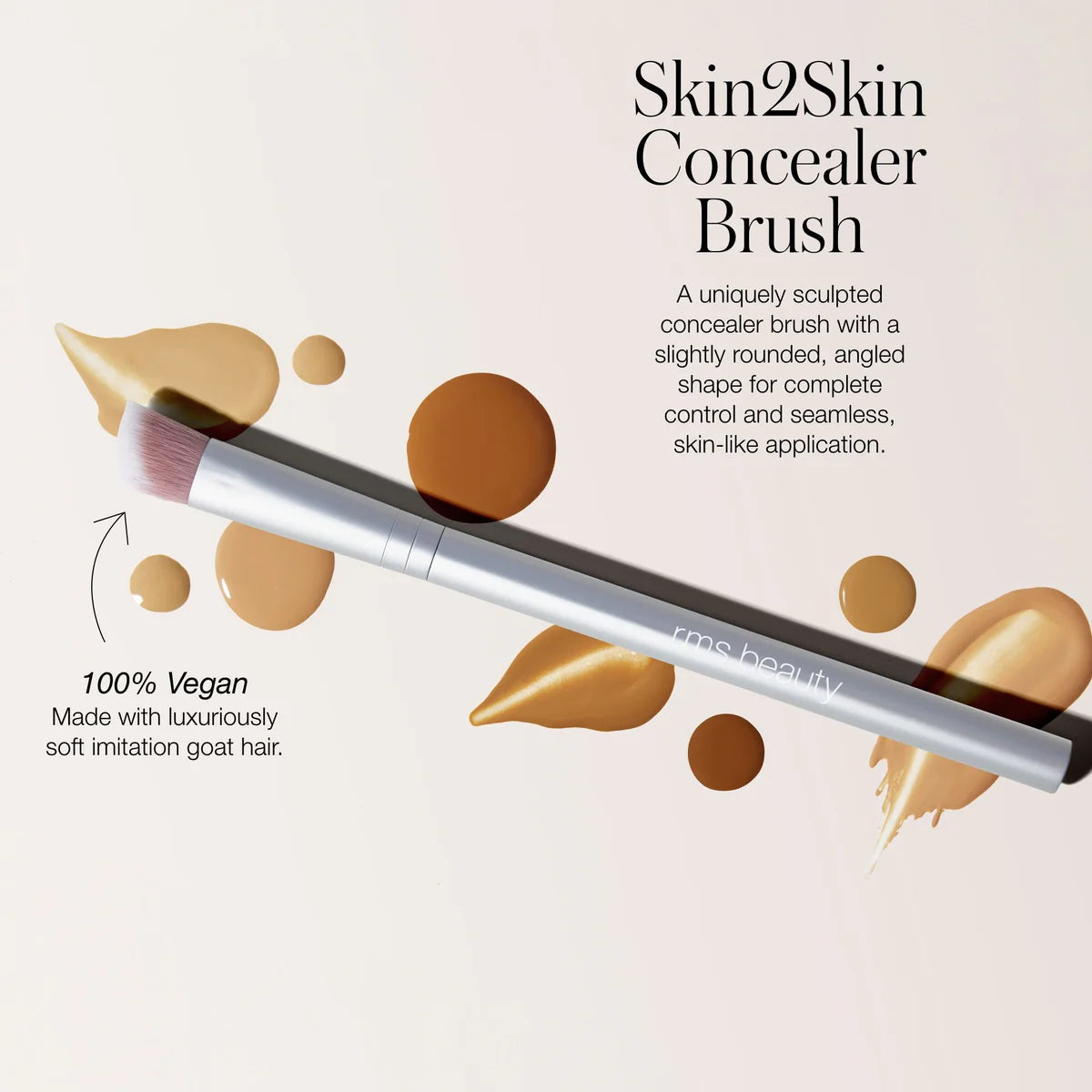 Skin2Skin Concealer Brush by rms beauty: Silver handle, soft angled bristles, shown with concealer swatches. Vegan, mimics fingertip application for seamless, airbrushed finish.