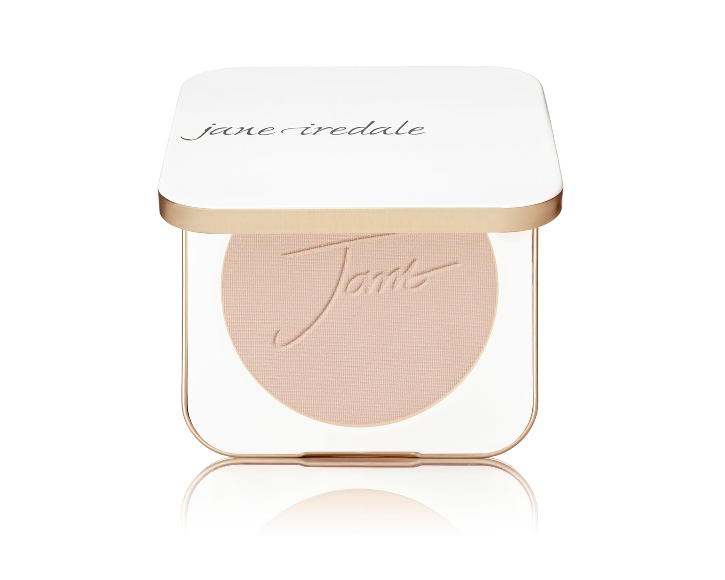 Jane Iredale PurePressed® Base Mineral Foundation SPF 20/15 Refill in a sleek white and gold compact, offering foundation, concealer, and sunscreen benefits.