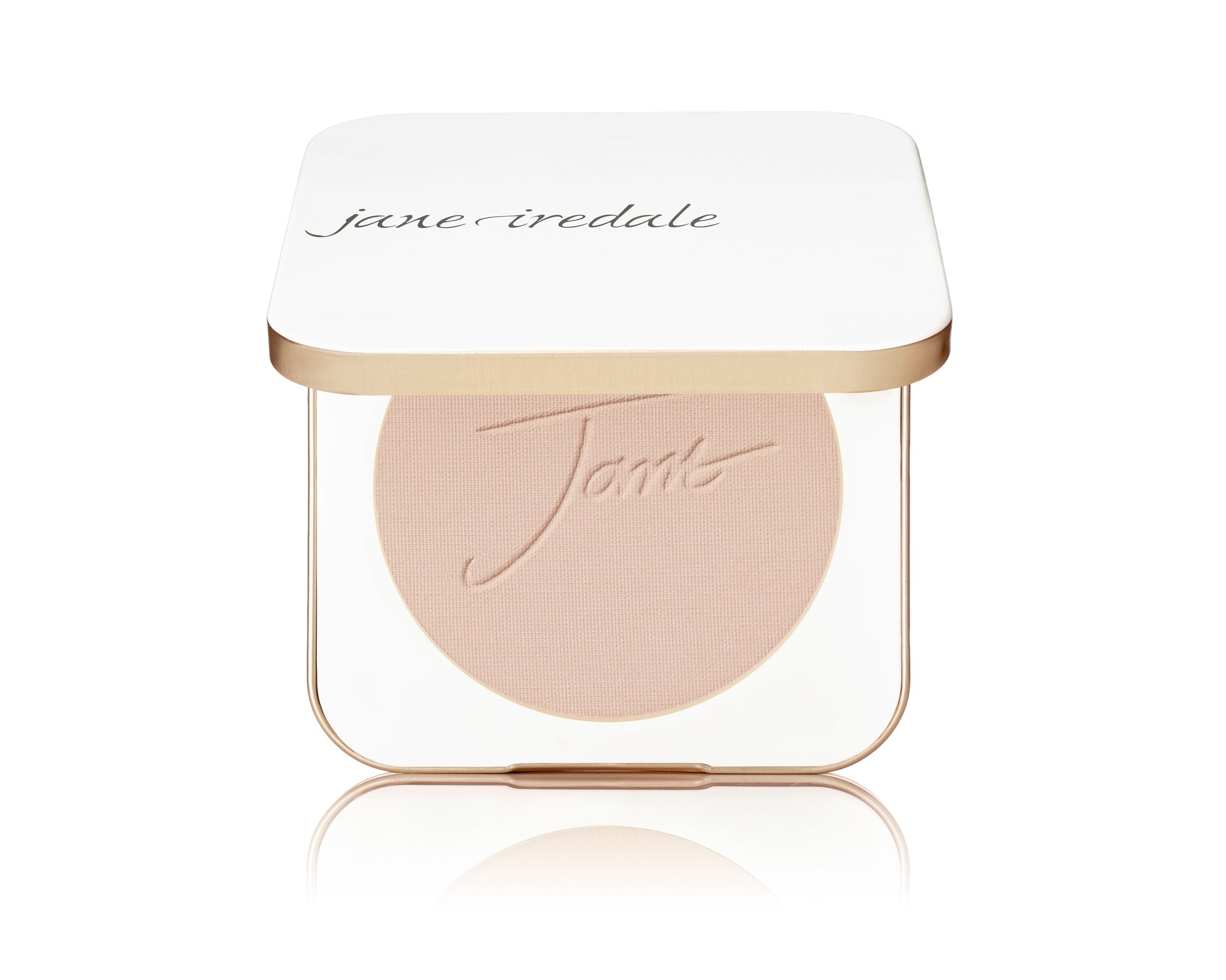 Jane Iredale PurePressed® Base Mineral Foundation SPF 20/15 Refill in a sleek white and gold compact, offering foundation, concealer, and sunscreen benefits.
