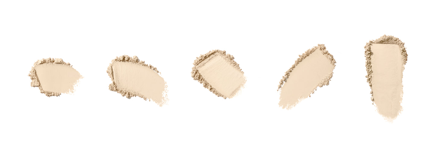 PurePressed® Base Mineral Foundation SPF 20/15 Refill swatches showcasing light-beige powders, highlighting its versatile use as foundation, concealer, and SPF protection.