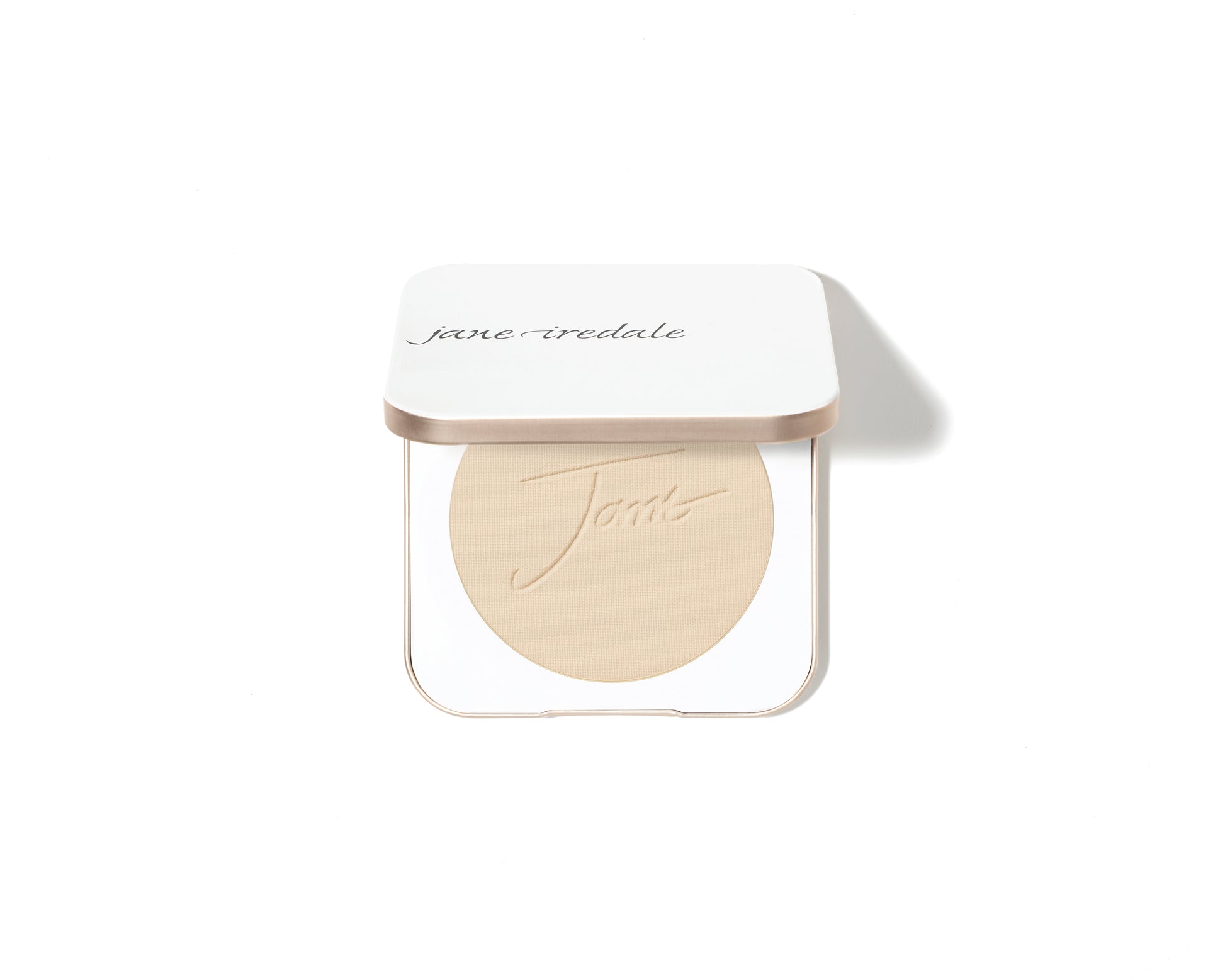 Jane Iredale PurePressed® Base Mineral Foundation compact with embossed powder, offering SPF 20/15, foundation, concealer, and antioxidant benefits in a vegan, sustainable formula.