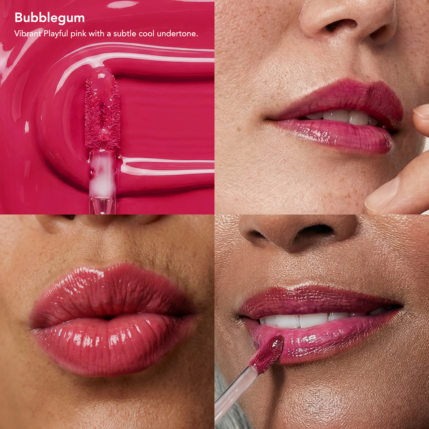 Four-panel image of SPF 40 Nourishing Lip Serum in Bubblegum pink, showcasing its vibrant color, on lips, and the product’s nourishing, protective features.
