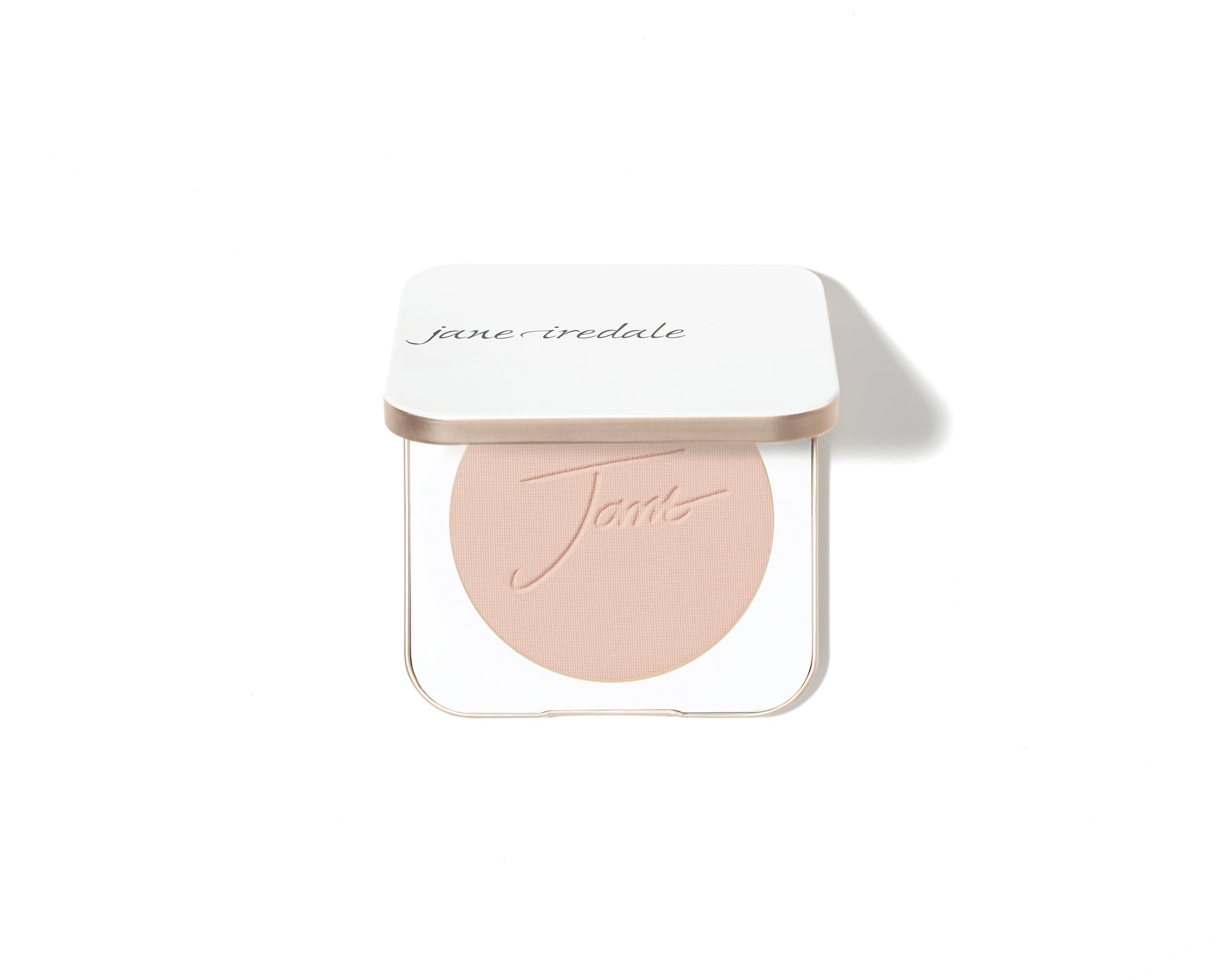 Jane Iredale PurePressed® Base Mineral Foundation SPF 20/15 Refill in sleek white-and-gold compact, embossed with Jane, offering buildable coverage and antioxidant protection.