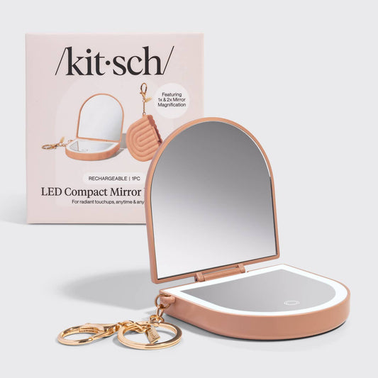 Terracotta Compact Mirror Keychain, a portable LED-lit mirror with dual magnification, USB-rechargeable, and keychain clip for easy attachment to bags or keys.