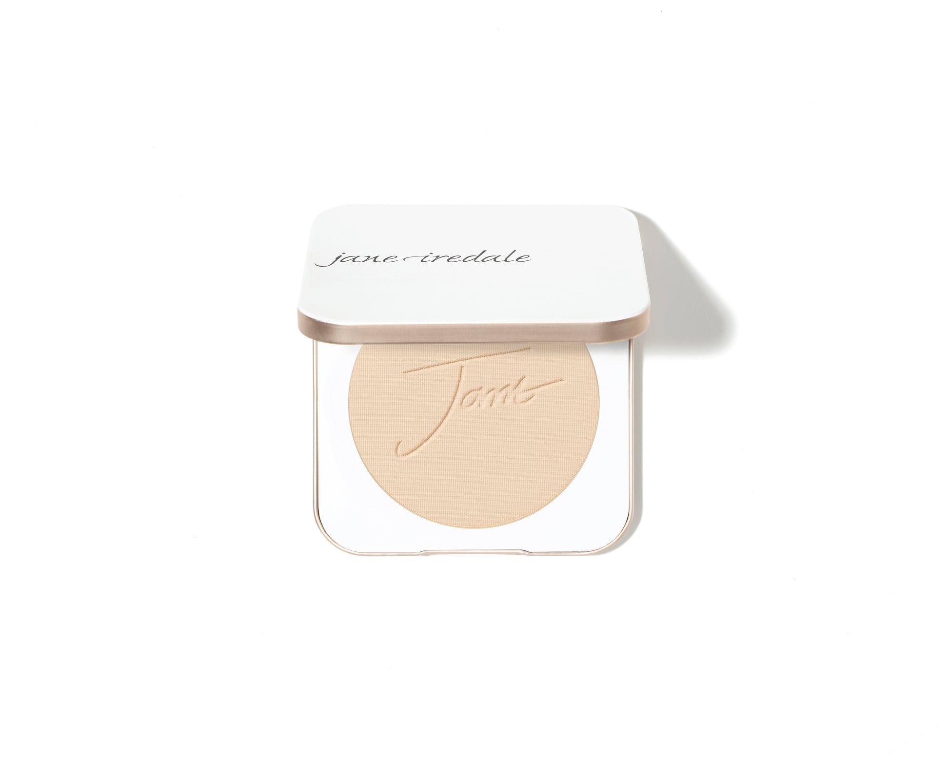 Jane Iredale PurePressed® Base Mineral Foundation SPF 20/15 Refill in a white-and-gold compact with embossed powder, offering buildable coverage and SPF protection.