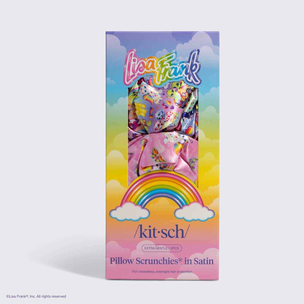 Lisa Frank x Kitsch Pillow Scrunchies® in Satin package showing two satin scrunchies with vibrant prints for crease-free, overnight hair protection.