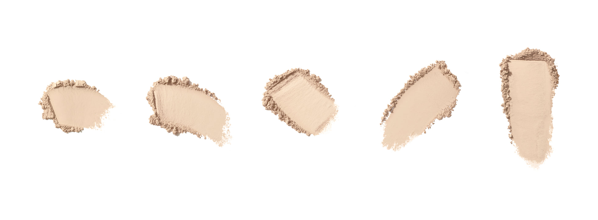 Five swatches of PurePressed® Base Mineral Foundation SPF 20/15 Refill, showcasing its buildable coverage and natural finish, arranged on a white background.