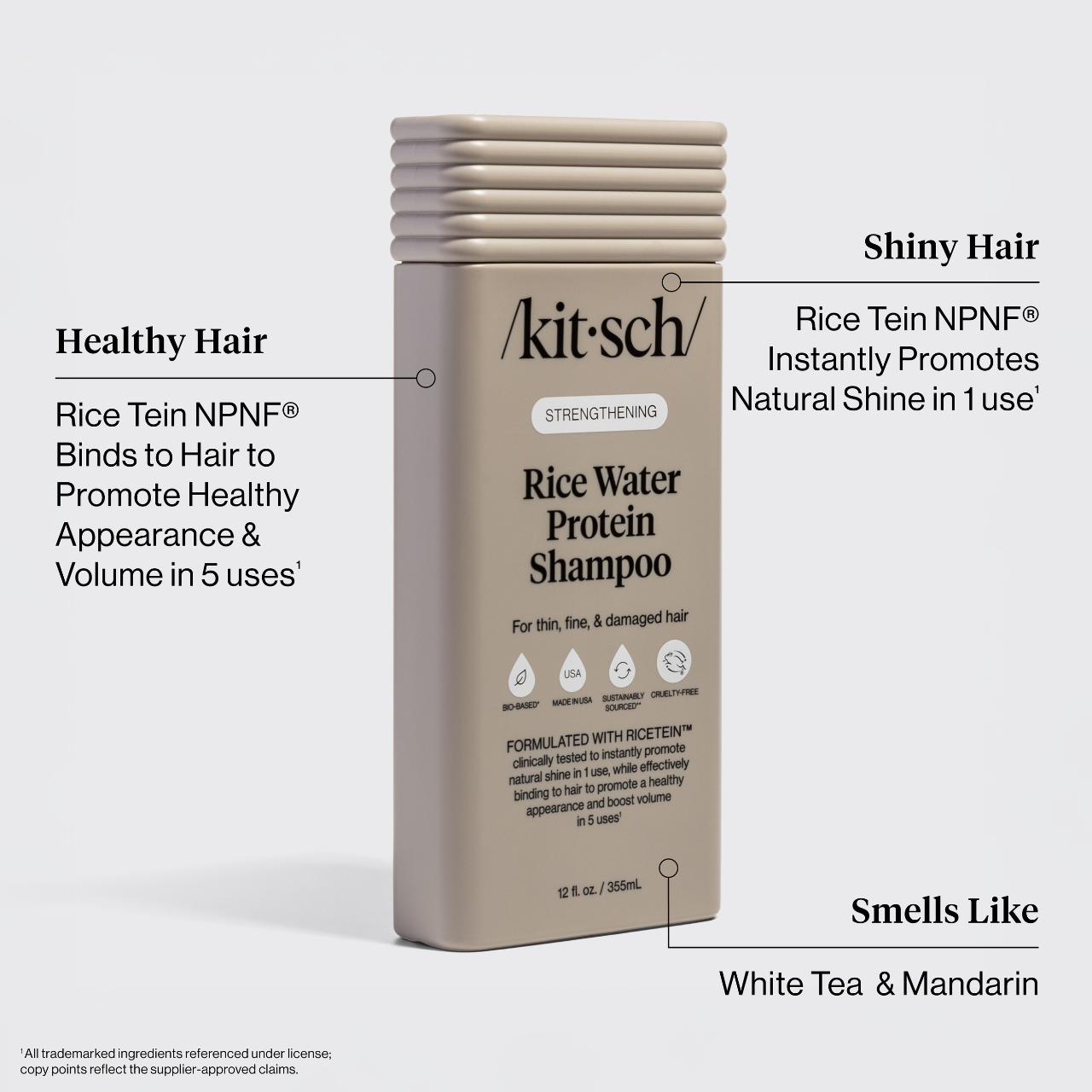 Kitsch Strengthening Rice Water Shampoo bottle highlighting benefits like shine, volume, and fragrance. Icons indicate it's bio-based, cruelty-free, and sustainably sourced. Holds 12 fl oz.