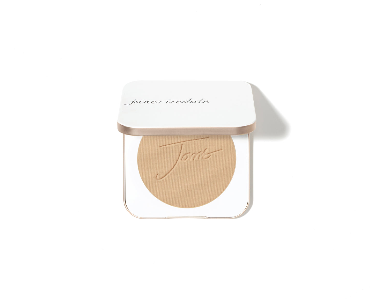 Jane Iredale PurePressed® Base Mineral Foundation SPF 20/15 in an open compact, revealing a beige powder pan embossed with the logo.