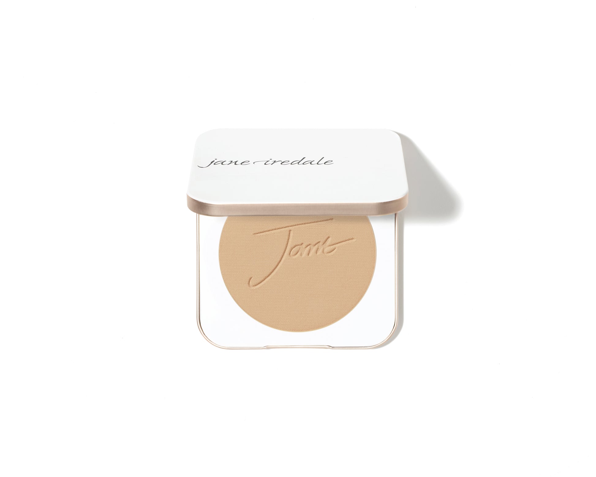 Jane Iredale PurePressed® Base Mineral Foundation SPF 20/15 in an open compact, revealing a beige powder pan embossed with the logo.