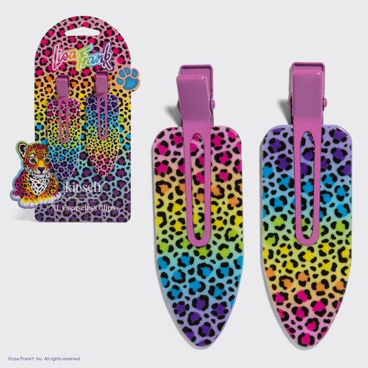 Lisa Frank x Kitsch XL Creaseless Clips in Rainbow Leopard, featuring large rainbow-patterned hair clips with pink hinges, ideal for securing hair during beauty routines.