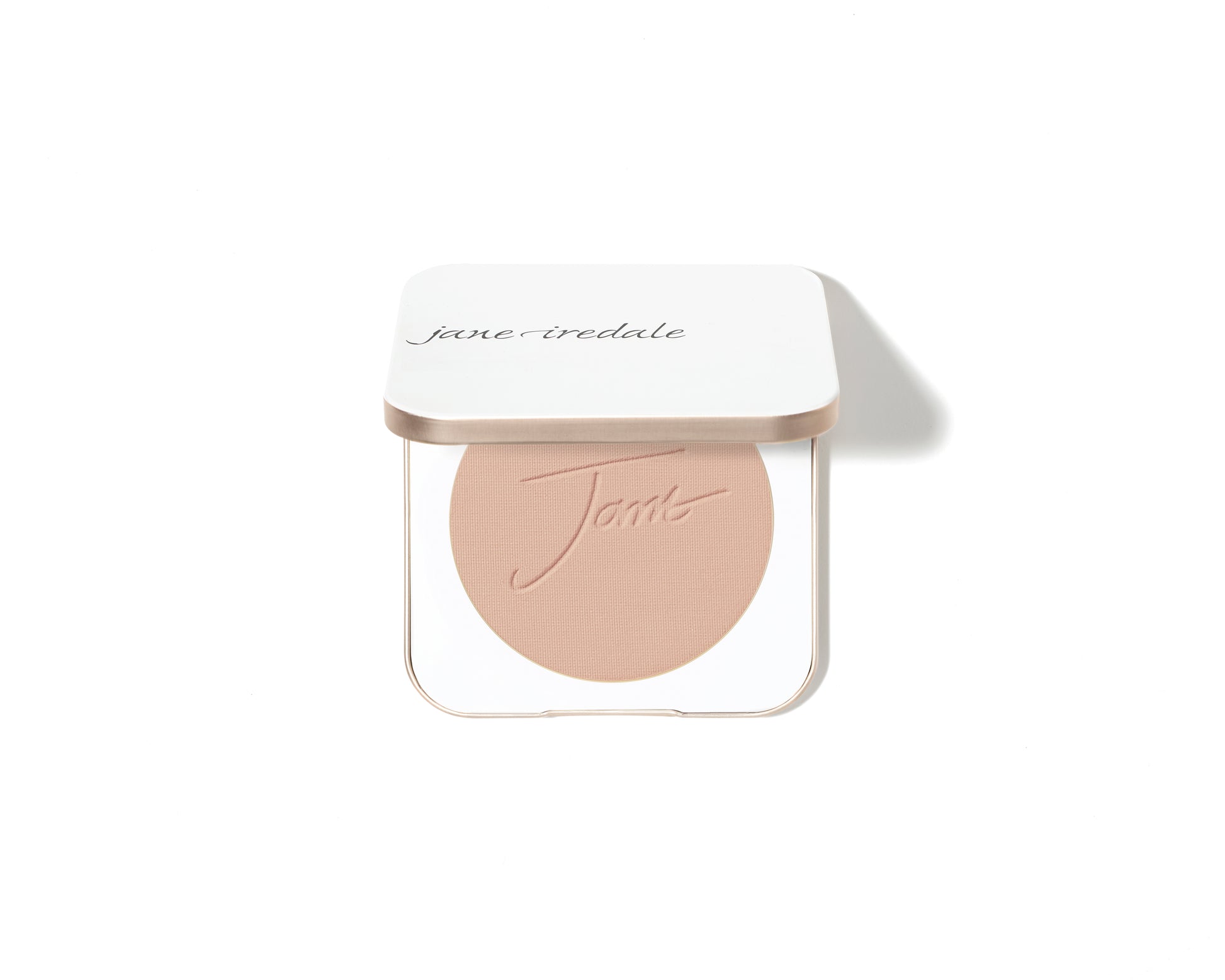 Jane Iredale PurePressed® Base Mineral Foundation SPF 20/15 Refill in a white-and-rose-gold compact, showcasing the beige pressed powder inside.