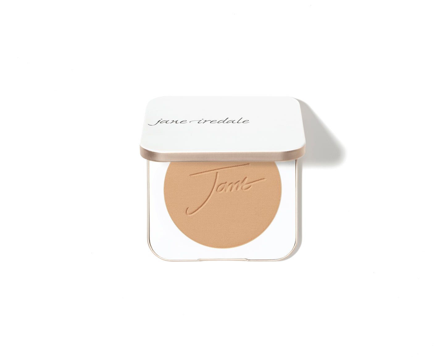 Jane Iredale PurePressed® Base Mineral Foundation SPF 20/15 Refill in a sleek white compact, showcasing embossed beige powder for natural, buildable coverage.