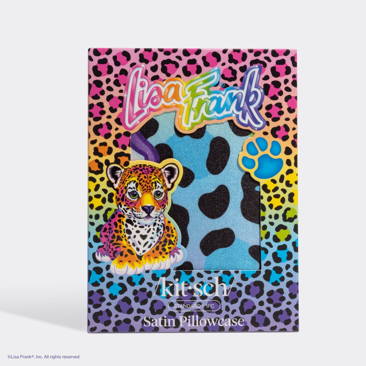 Lisa Frank x Kitsch Standard Satin Pillowcase features a rainbow-leopard package with preview window, promoting frizz reduction and skin benefits.