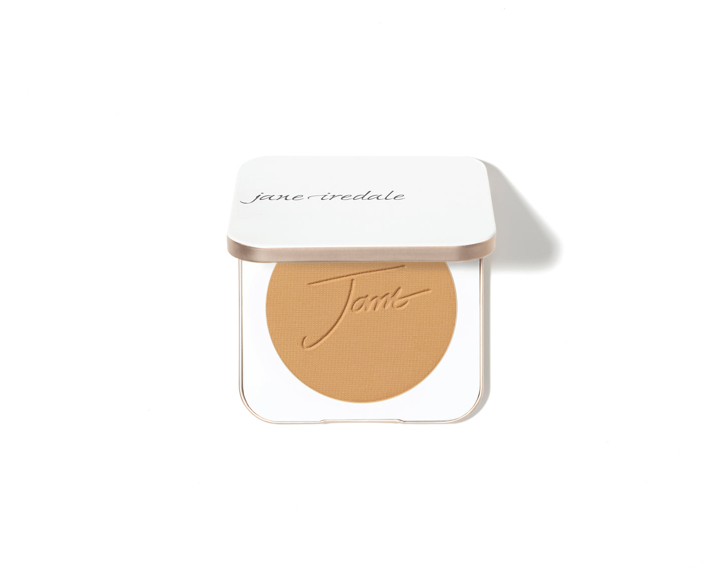 Jane Iredale PurePressed® Base Mineral Foundation SPF 20/15 Refill in signature compact, showcasing warm-beige powder with logo embossing, offering foundation, concealer, and sun protection.