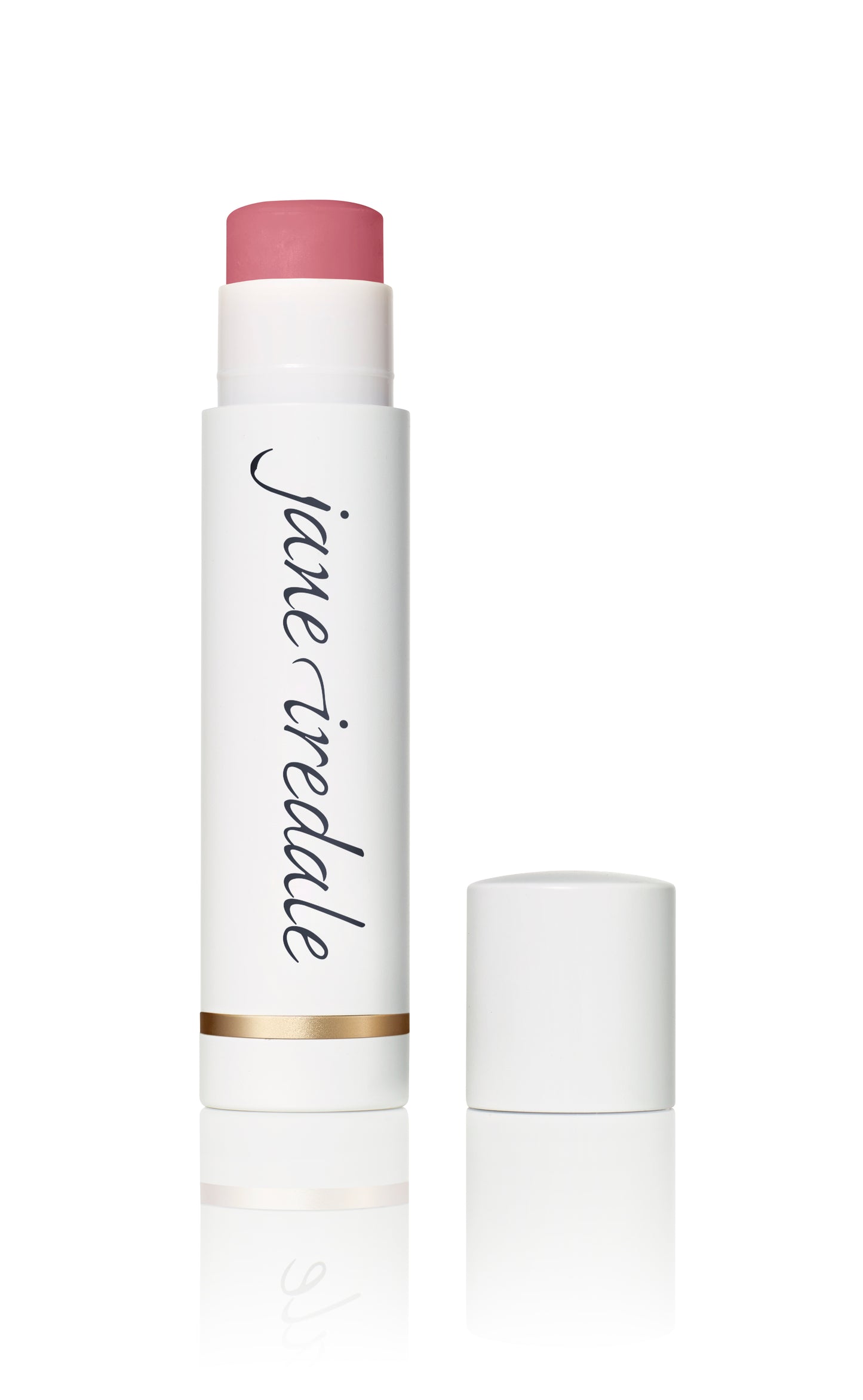 Jane Iredale LipDrink® Lip Balm stick shown uncapped, revealing a rosy-pink balm, designed for deep hydration with Vitamin E and shea butter.