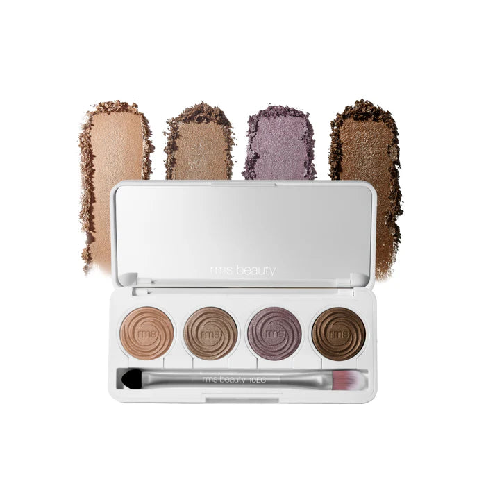 RMS Beauty ReDimension Hydra Eyes Quartet with four cream-to-powder shadows in a compact, featuring a mirror and dual-ended brush.