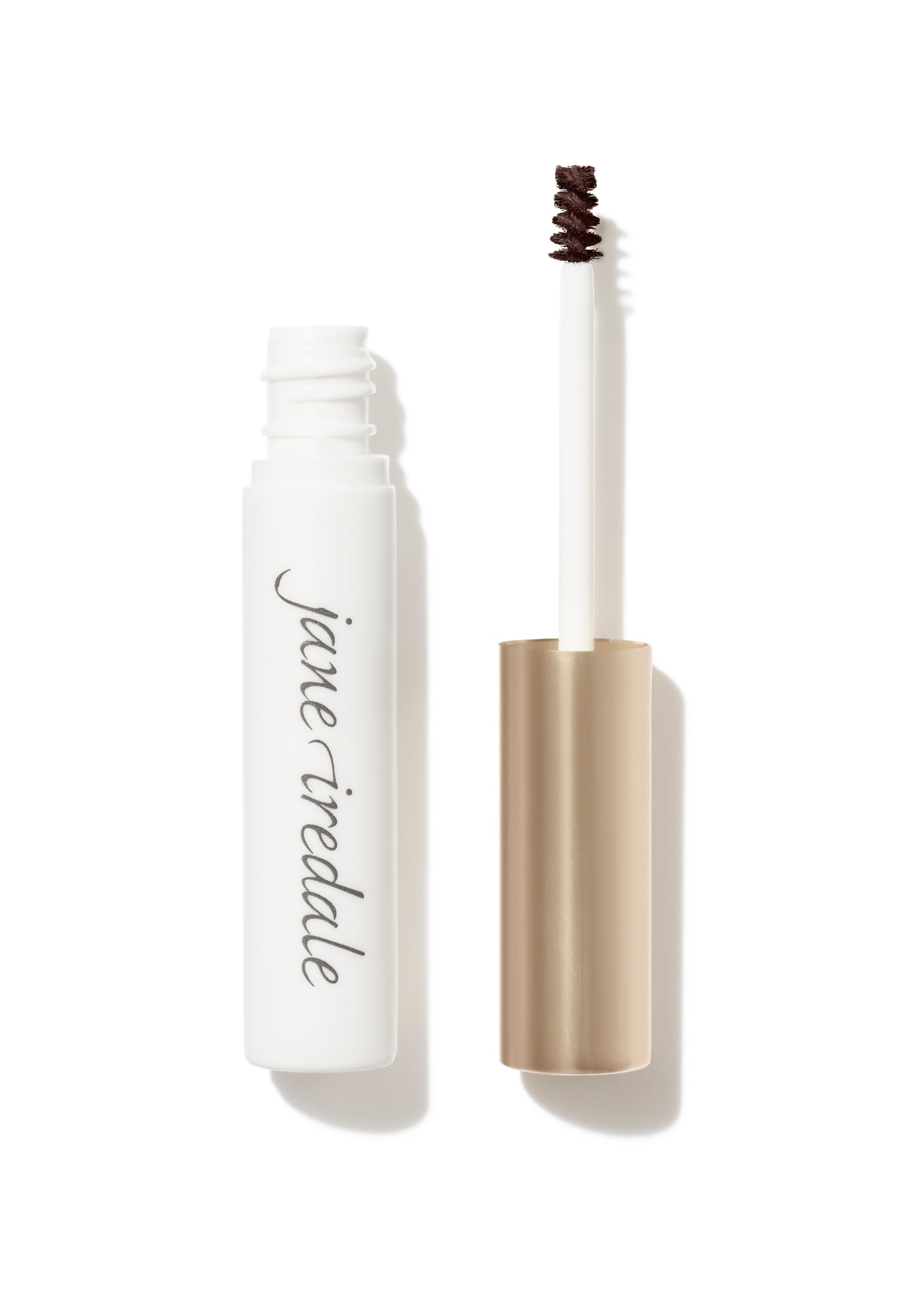 Jane Iredale's PureBrow® Brow Gel tube with a gold cap and spoolie brush, ideal for defining and setting brows in a natural finish.