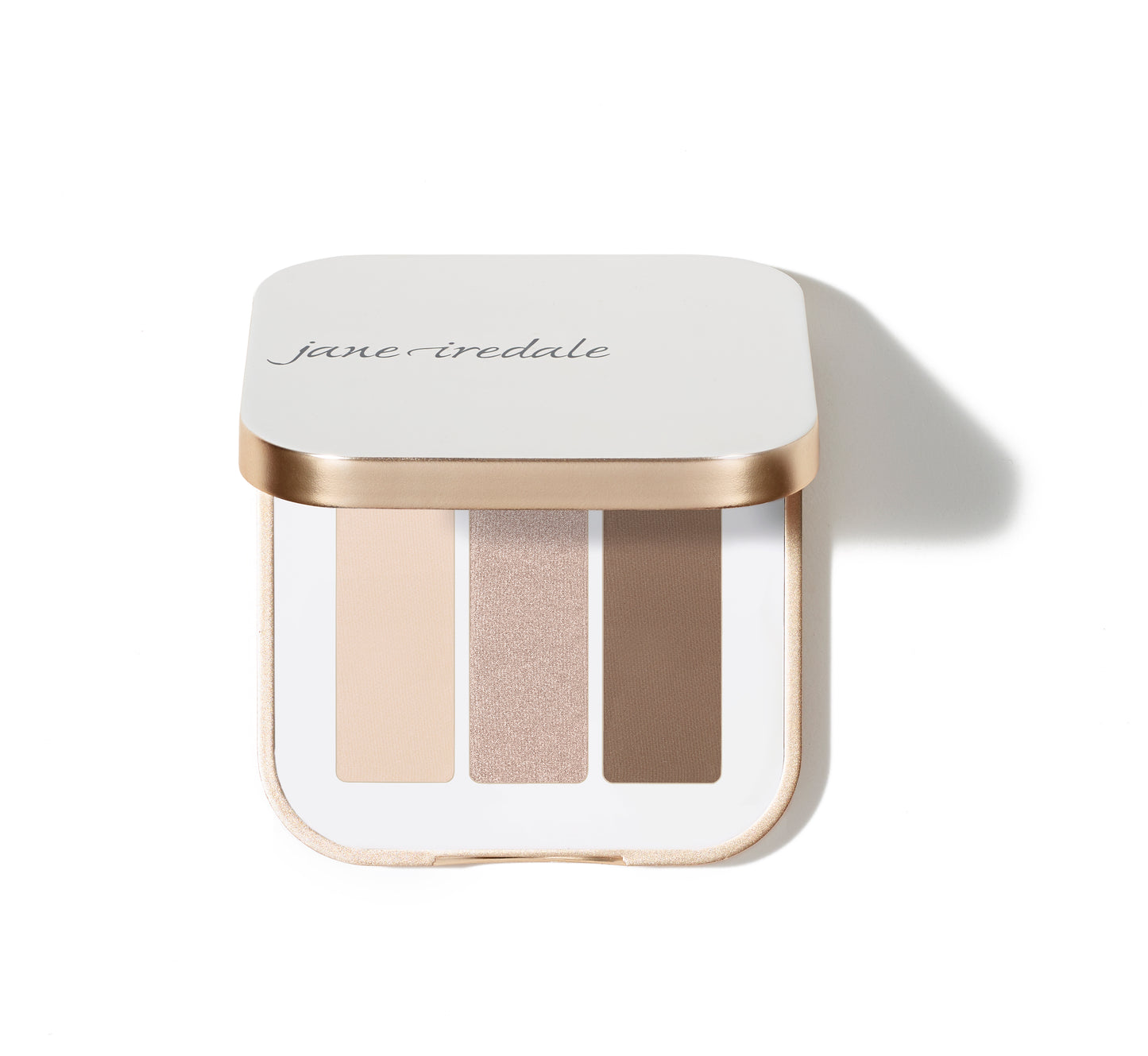 Jane Iredale PurePressed® Eye Shadow Triple in a sleek compact with three neutral shades, ideal for versatile, clean beauty looks.