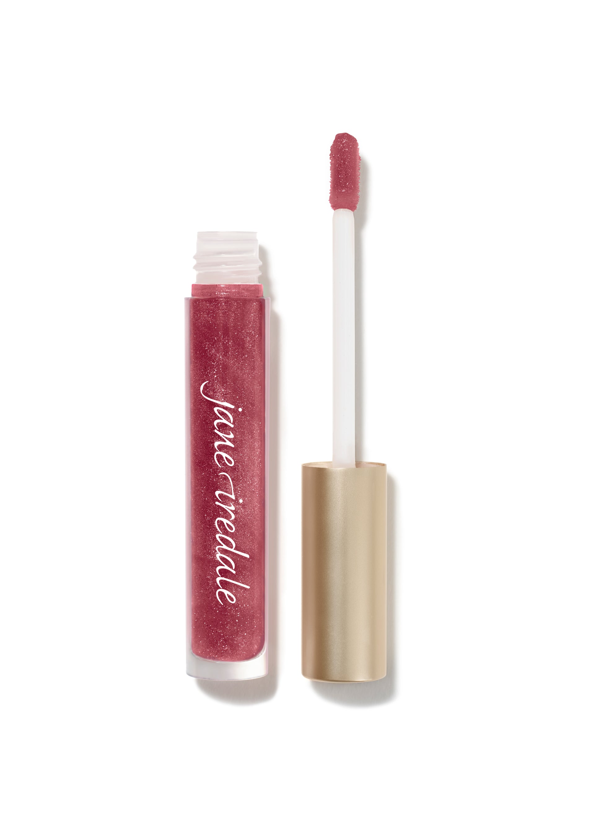 HydroPure™ Hyaluronic Acid Lip Gloss by jane iredale, open tube with applicator, showcasing sparkly pink formula with shimmer, offers nourishing, high-shine, plumping effect.
