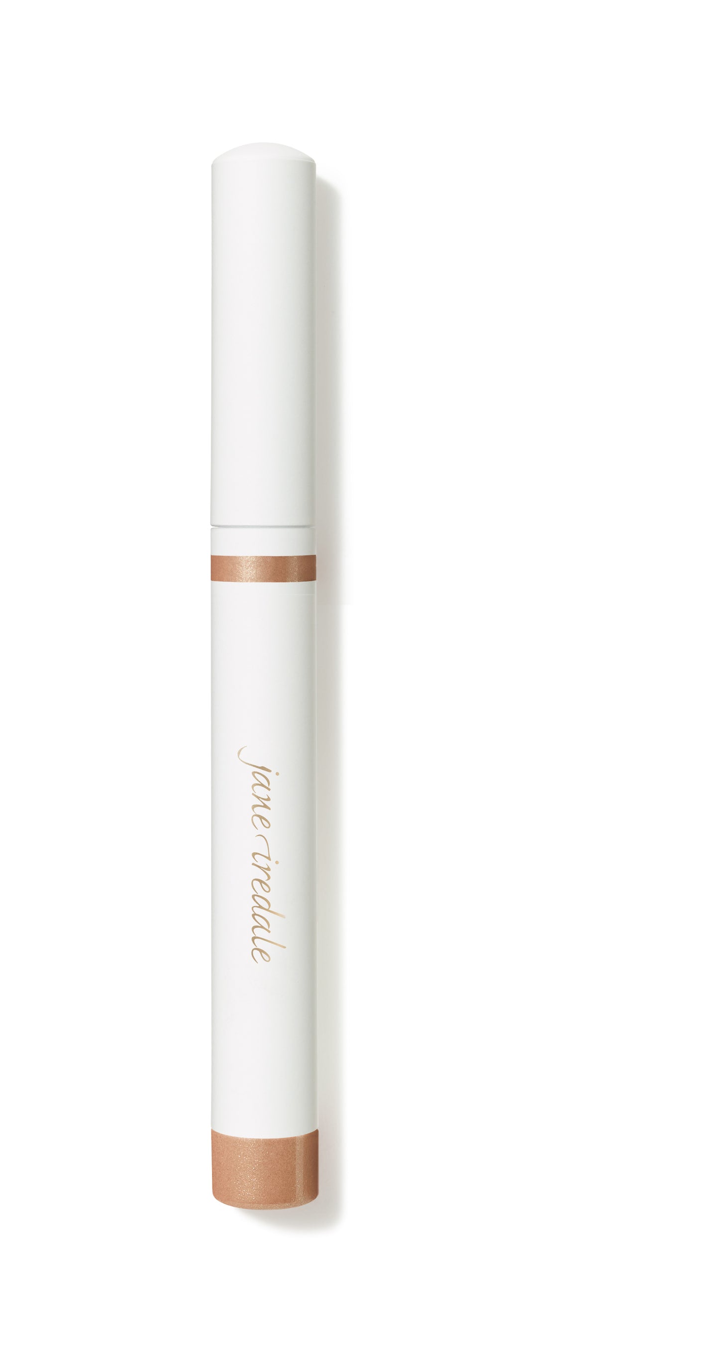Jane Iredale ColorLuxe Eye Shadow Stick, a sleek, white twist-up applicator with rose-gold shimmer band, offers creamy, blendable, long-lasting eyeshadow in a convenient stick format.