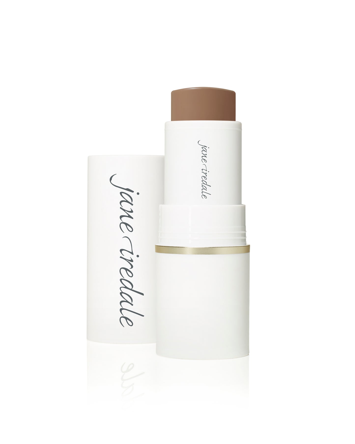 Glow Time® Bronzer Stick with cap removed, revealing medium-brown cream. Offers buildable, natural bronze with olive squalane for nourishing, long-lasting sun-kissed glow.
