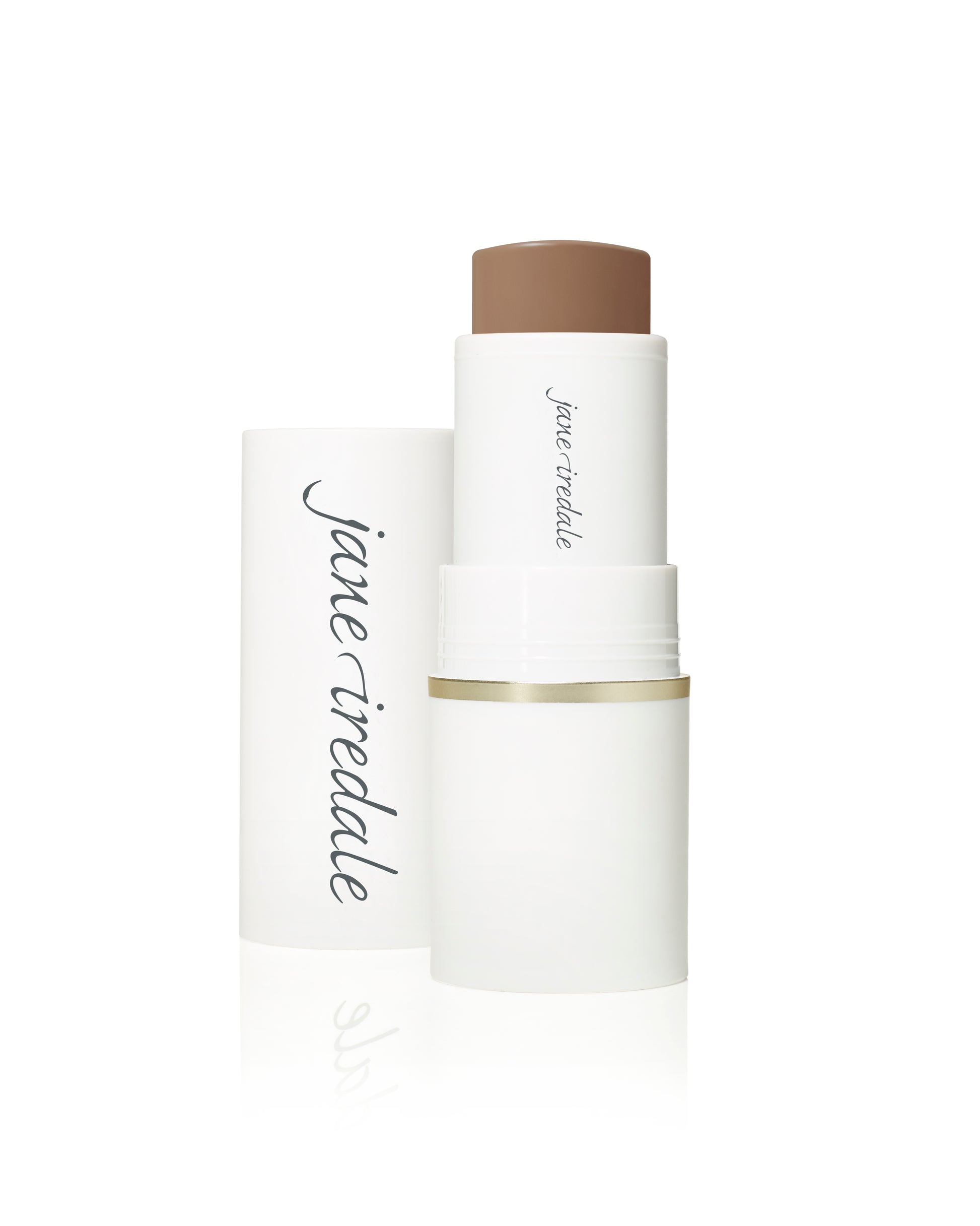 Glow Time® Bronzer Stick with cap removed, revealing medium-brown cream. Offers buildable, natural bronze with olive squalane for nourishing, long-lasting sun-kissed glow.