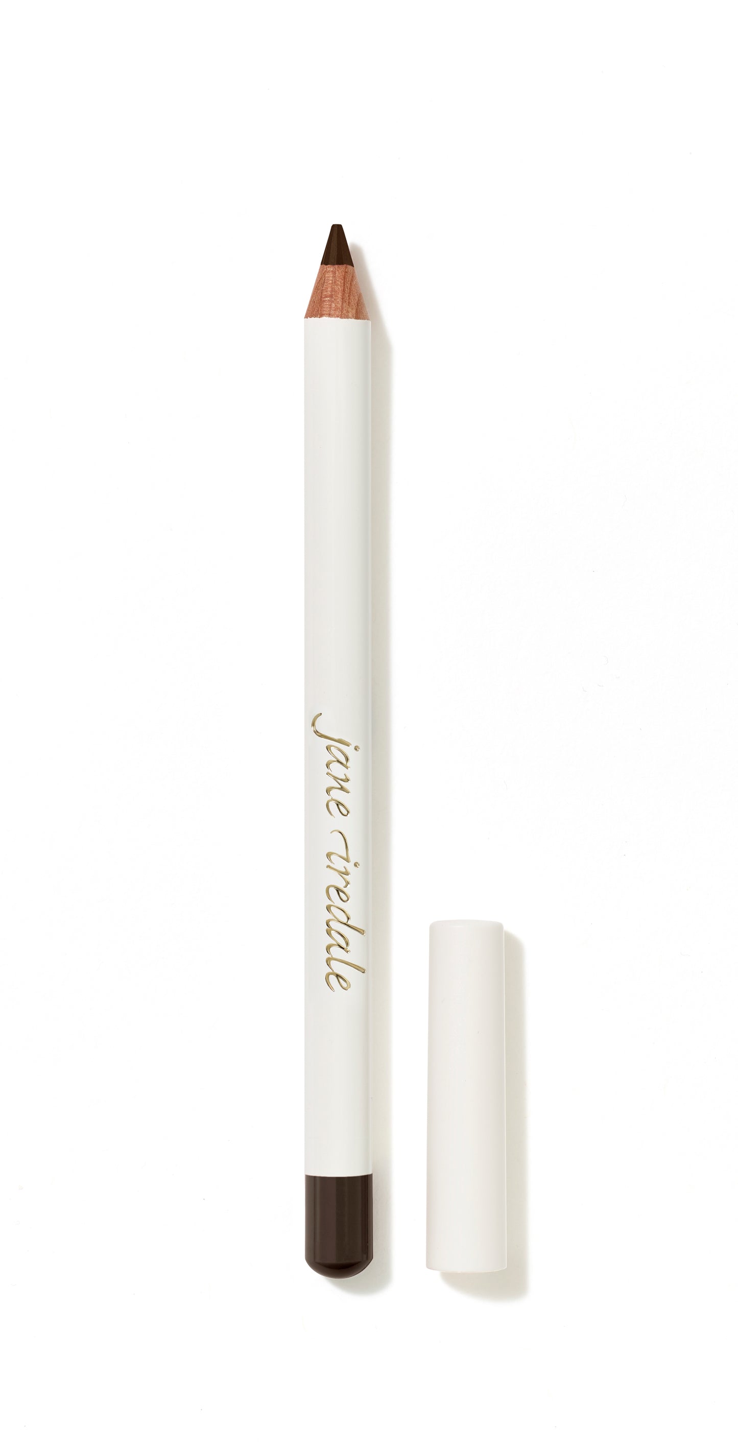 Jane Iredale Eye Pencil with a white case and dark brown core, designed for smooth, smudge-resistant application, ideal for sensitive eyes and contact lens wearers.