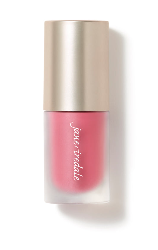 ColorLuxe Liquid Blush in frosted-glass tube with matte gold cap, offers a natural flush with seamless blending for a long-lasting dewy finish.