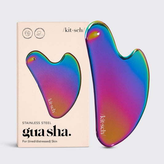 Kitsch Stainless Steel Gua Sha - Iridescent shown with its minimalist box, designed for enhancing skincare by improving circulation and relieving muscle tension.