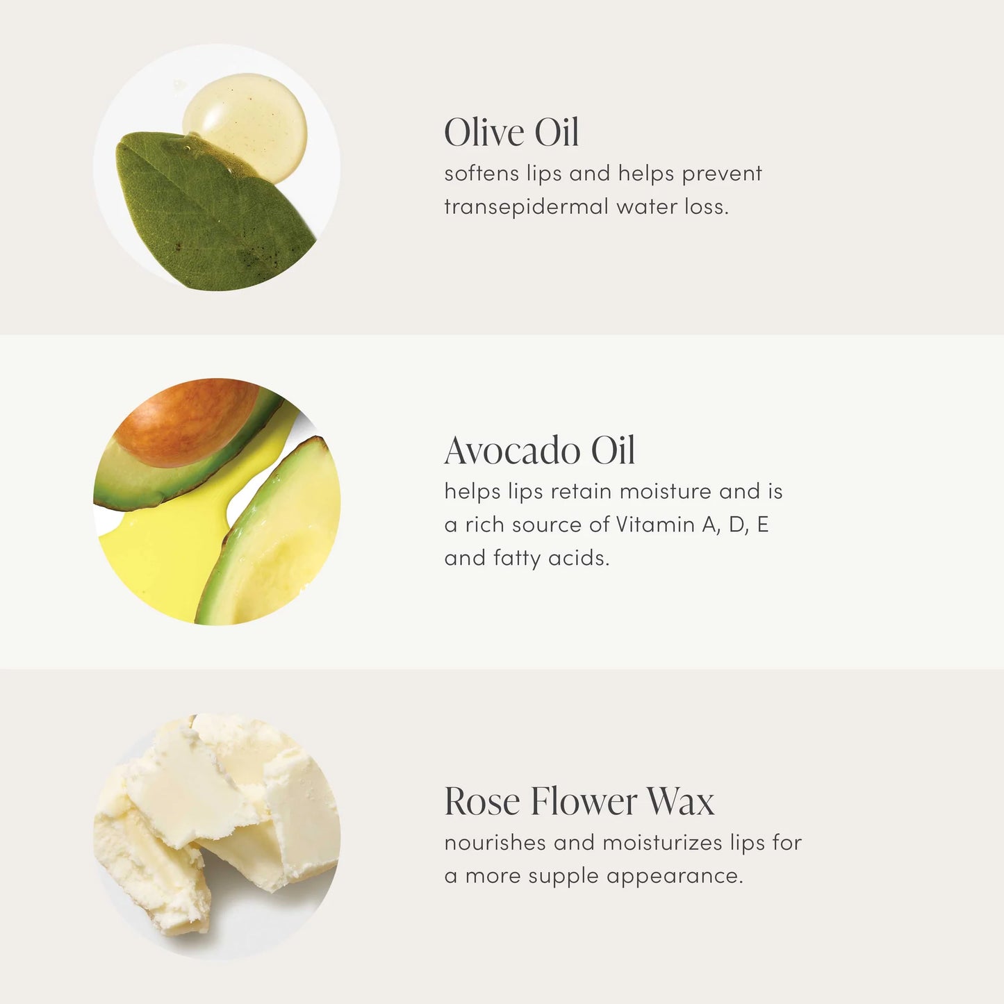 Just Kissed® Lip and Cheek Stain ingredients: Olive Oil, Avocado Oil, and Rose Flower Wax, highlighting their nourishing and moisturizing benefits for a personalized, natural look.
