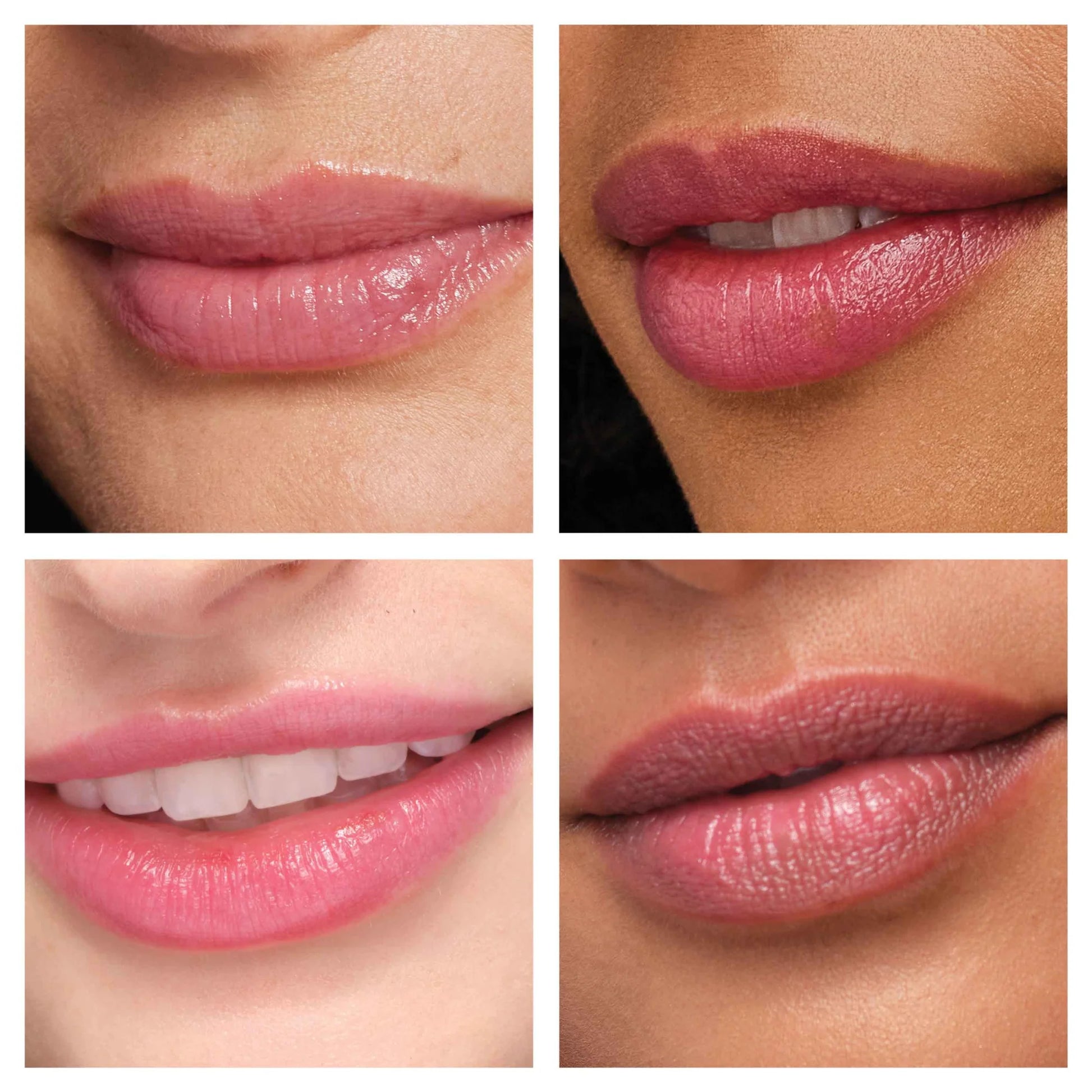 Collage of lips wearing Just Kissed® Lip and Cheek Stain, showcasing pink tones. Enhances natural pH for a personalized shade with nourishing oils.