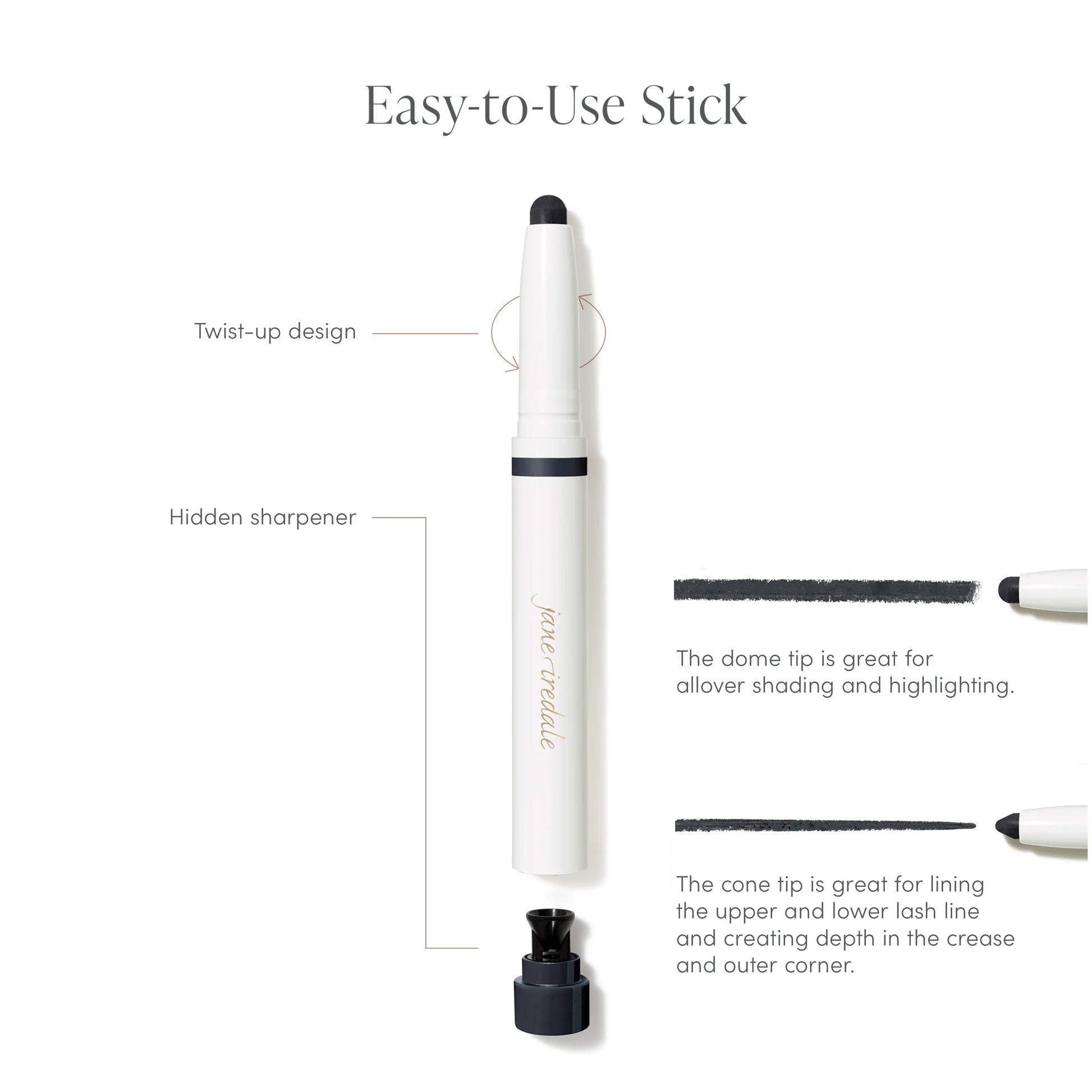 ColorLuxe Eye Shadow Stick by Jane Iredale, featuring dual tips for shading and lining, twist-up design, and built-in sharpener, ideal for effortless, blendable application.