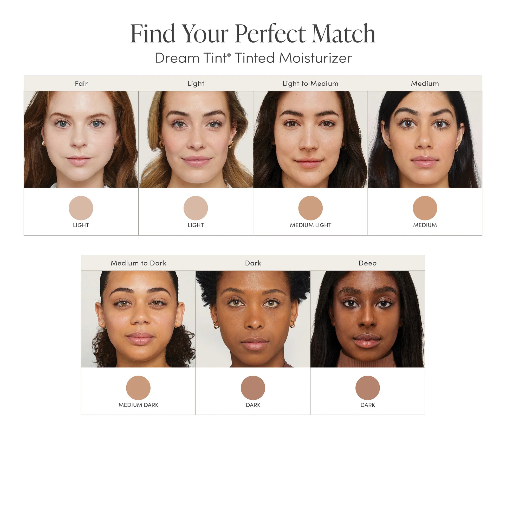 Dream Tint® Tinted Moisturizer SPF 15 shade guide with seven women showcasing skin-tone range; helps find the perfect match for a natural, glowing look.