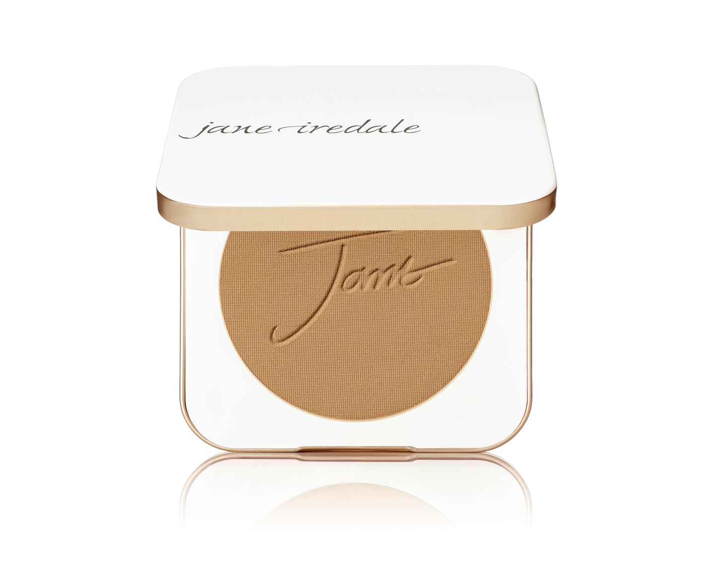 Jane Iredale PurePressed® Base Mineral Foundation SPF 20/15 Refill in open compact, showcasing pressed powder with embossed branding, offering foundation, concealer, and SPF benefits.
