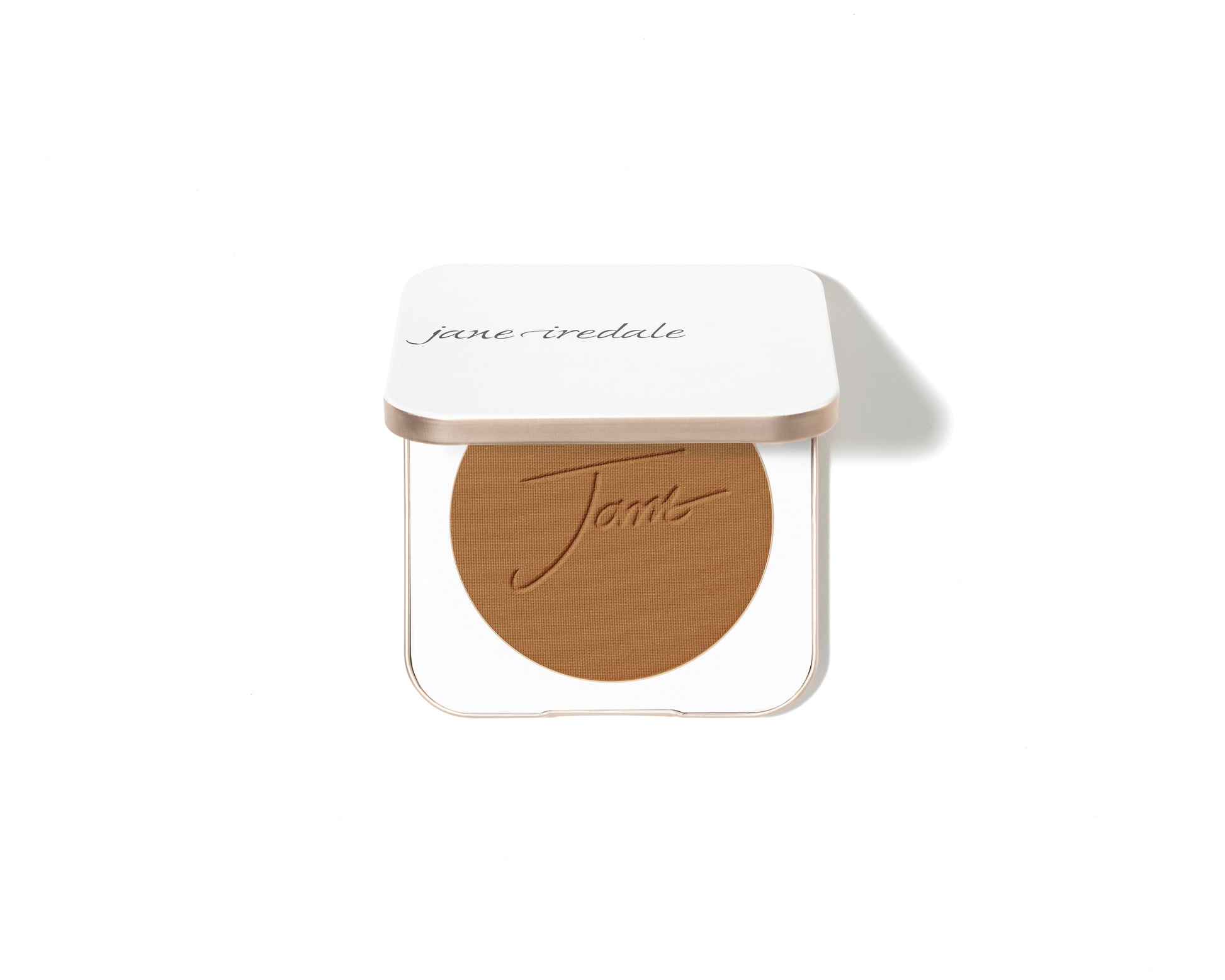 Jane Iredale PurePressed® Base Mineral Foundation SPF 20/15 Refill; pressed powder compact with embossed “Jane” on brown powder, white lid. Functions as foundation, concealer, and sunscreen.