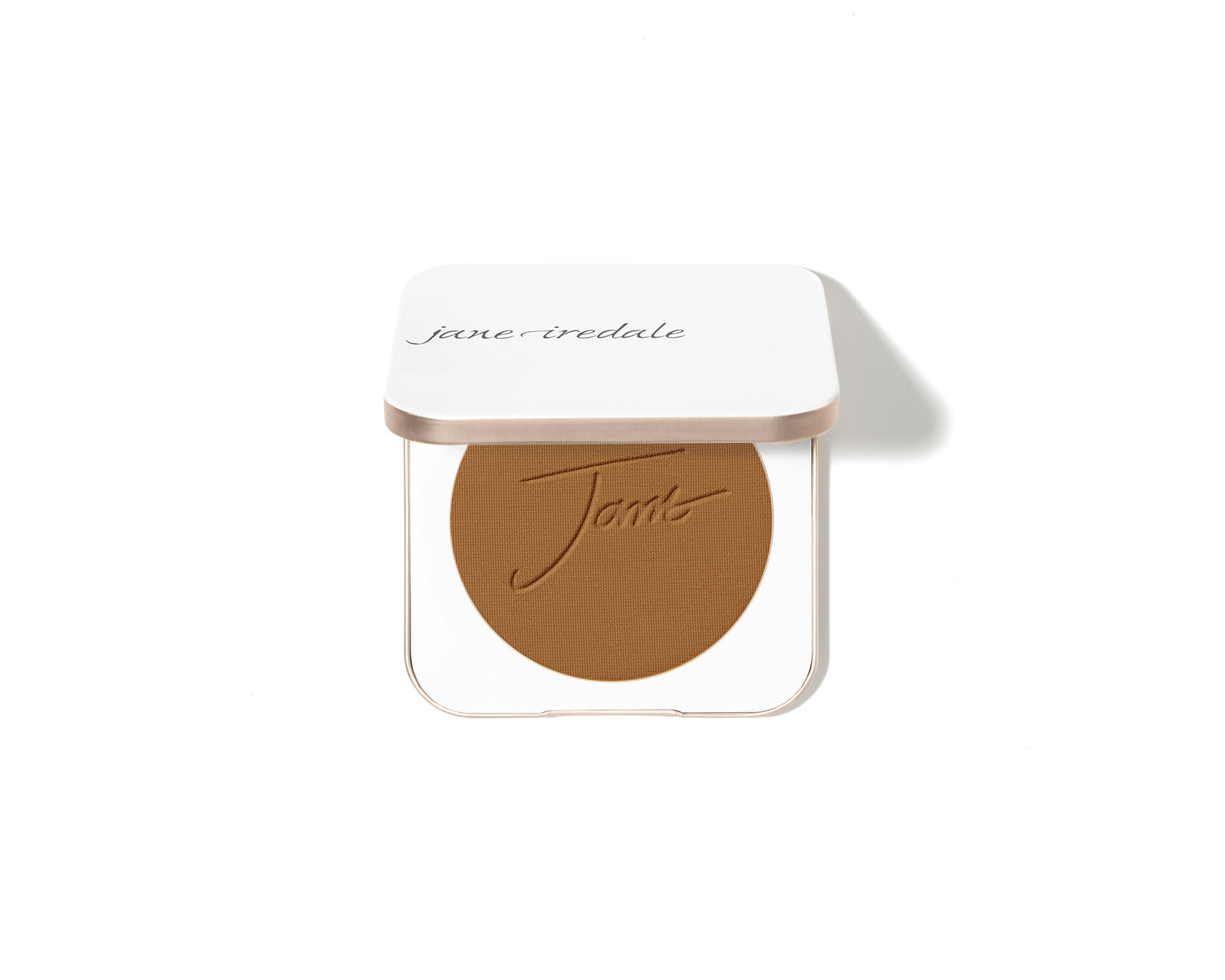 Jane Iredale's PurePressed® Base Mineral Foundation SPF 20/15 Refill in a white compact, featuring embossed powder and brand logo, offers multi-use, natural coverage.
