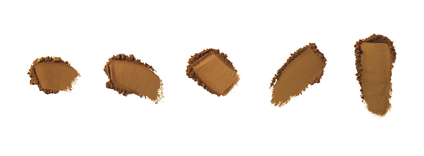 PurePressed® Base Mineral Foundation SPF 20/15 Refill swatches demonstrate varied textures, showcasing its buildable coverage and natural finish, suitable for clean, sustainable beauty enthusiasts.