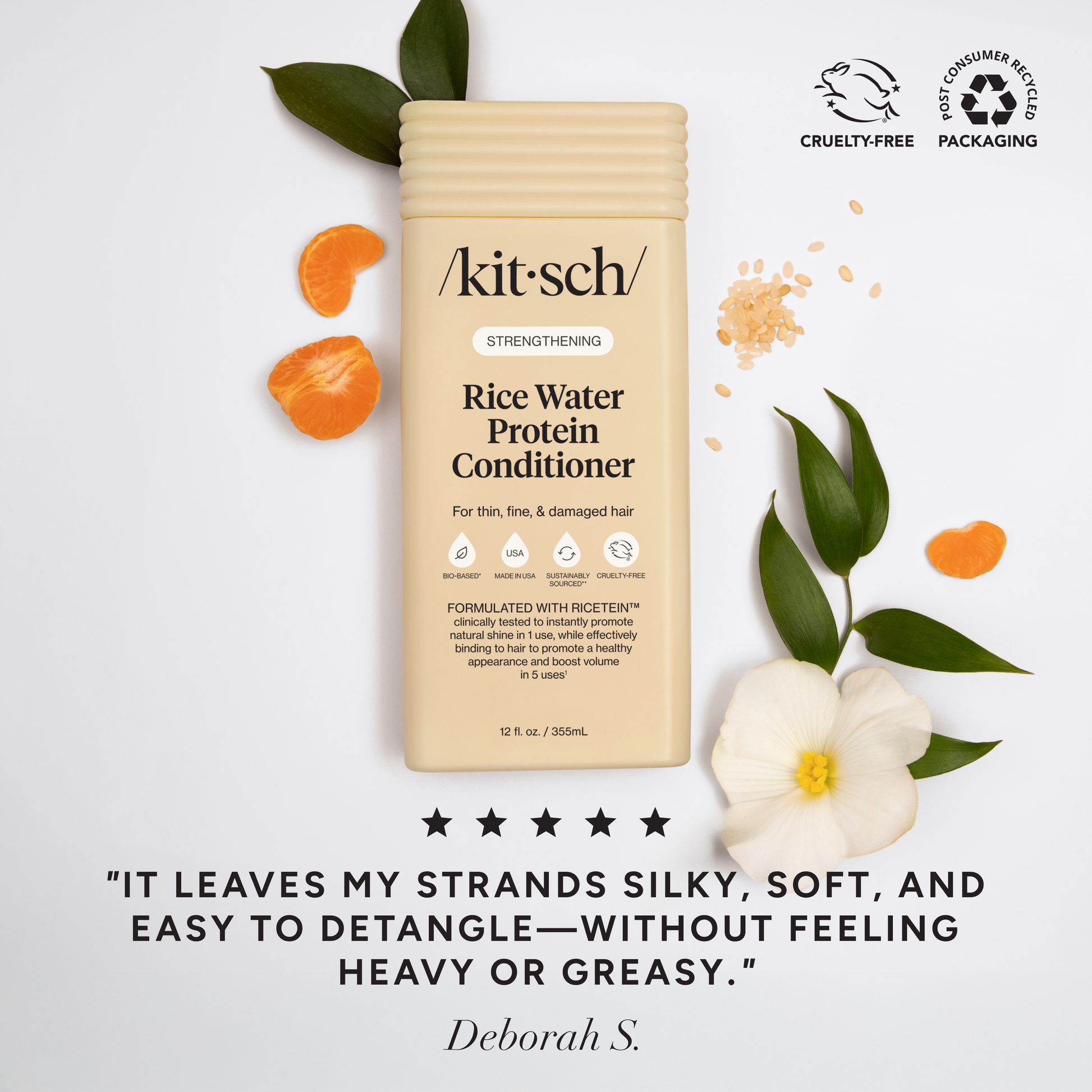 Kitsch Strengthening Rice Water Conditioner bottle with rice grains, tangerine segments, and leaves; highlights cruelty-free, recycled packaging, and customer satisfaction.