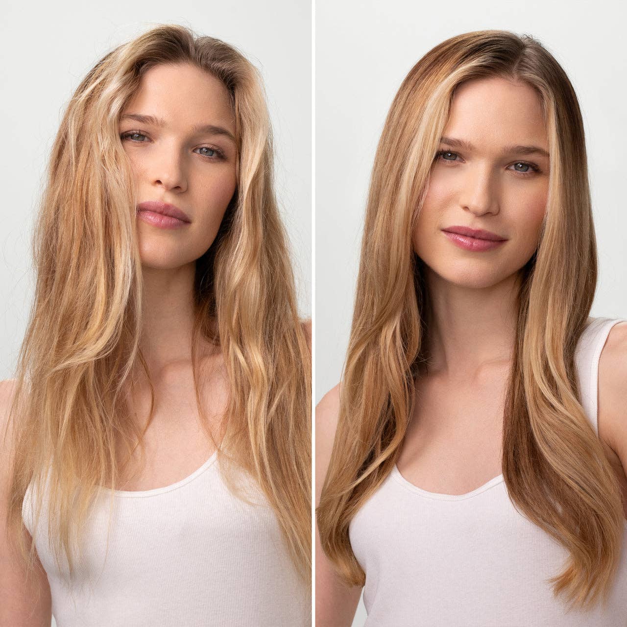 Before-and-after portrait of a woman using Strengthening Rice Water Shampoo, showcasing transformation from frizzy to smooth, shiny hair, highlighting enhanced shine and volume.