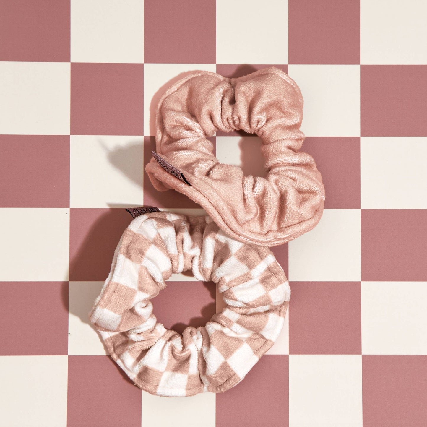 Microfiber Quick-Dry Towel Scrunchie 2PC- Terracotta Checker, featuring absorbent, oversized design for reducing hair drying time, laid on a checkerboard surface.