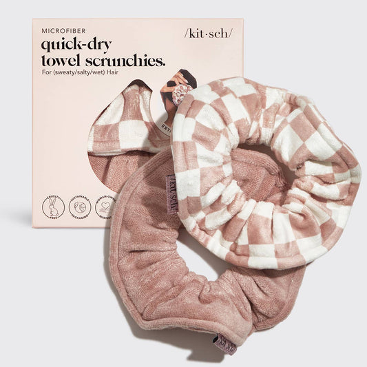 Microfiber Quick-Dry Towel Scrunchie 2PC- Terracotta Checker set, featuring oversized dusty-rose and pink-white checker scrunchies, showcased with packaging for quick moisture absorption.