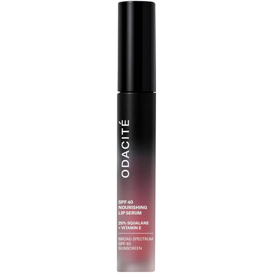 Odacité “SPF 40 Nourishing Lip Serum” tube, featuring 25% squalane and vitamin E for hydration and broad-spectrum protection, enhancing lip comfort and natural beauty.