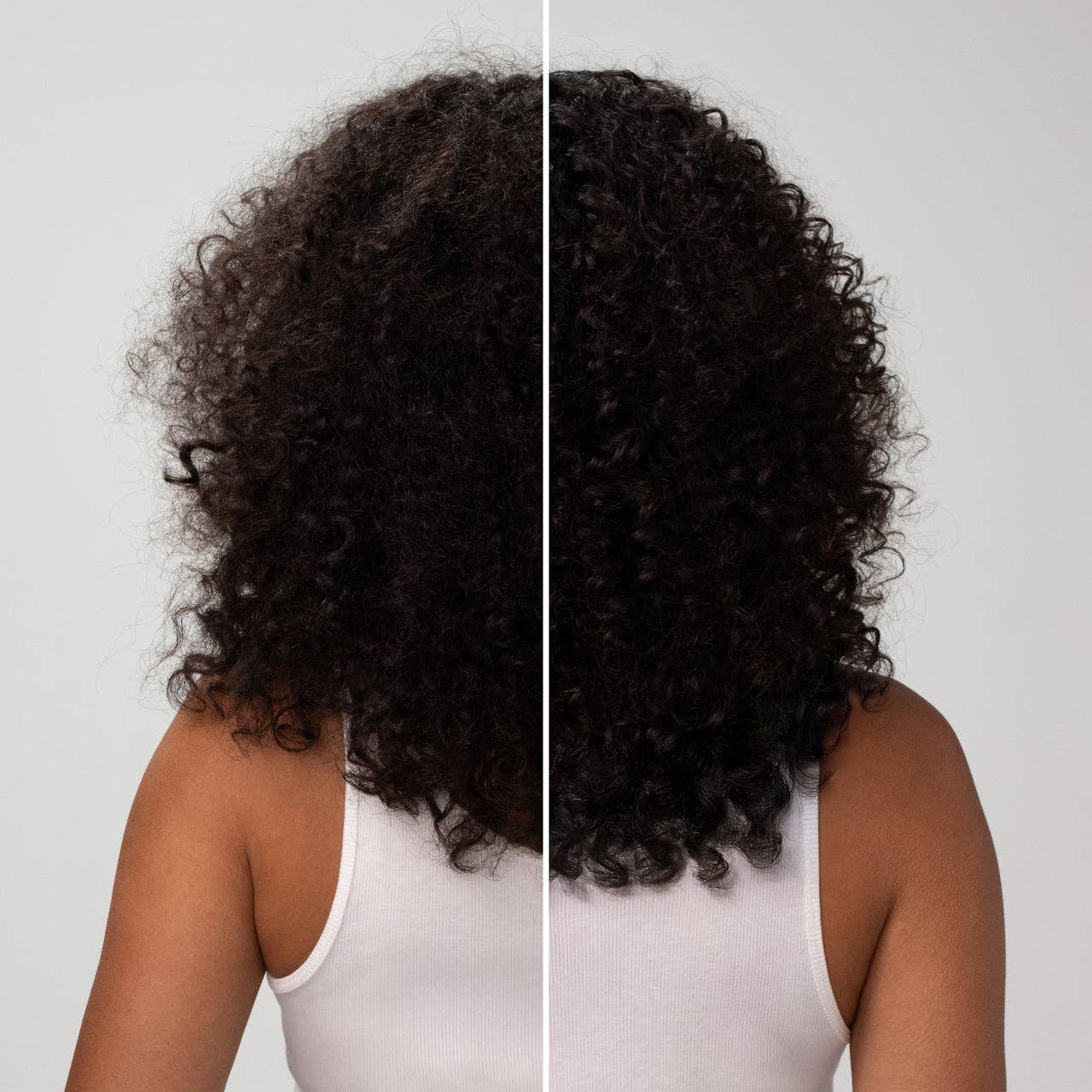 Back view of a person showing a before-and-after effect of using Moisturizing Coconut Oil Conditioner, with visibly smoother, shinier curls on the right.